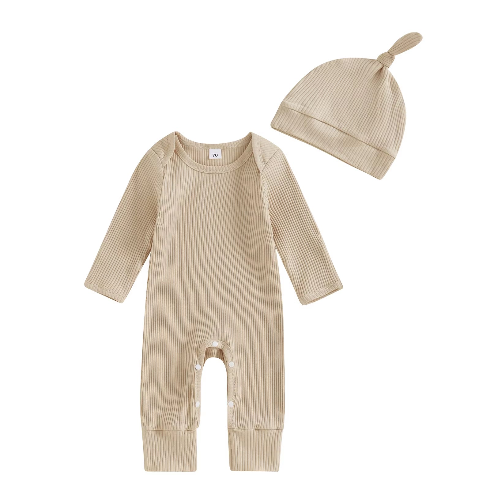 Solid Ribbed Long Sleeve Newborn Baby Romper with Hats Soft Casual Full Length Girls Boys Jumpsuit with Hat Set Infant Clothes