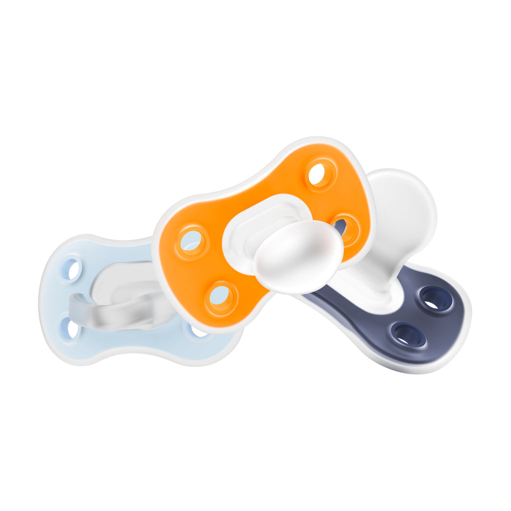 Advantage One-Piece Silicone Baby Pacifier, Fully Symmetrical Soother, Blue/Light Blue/Orange, 6-18M, BPA Free, 3 Pack