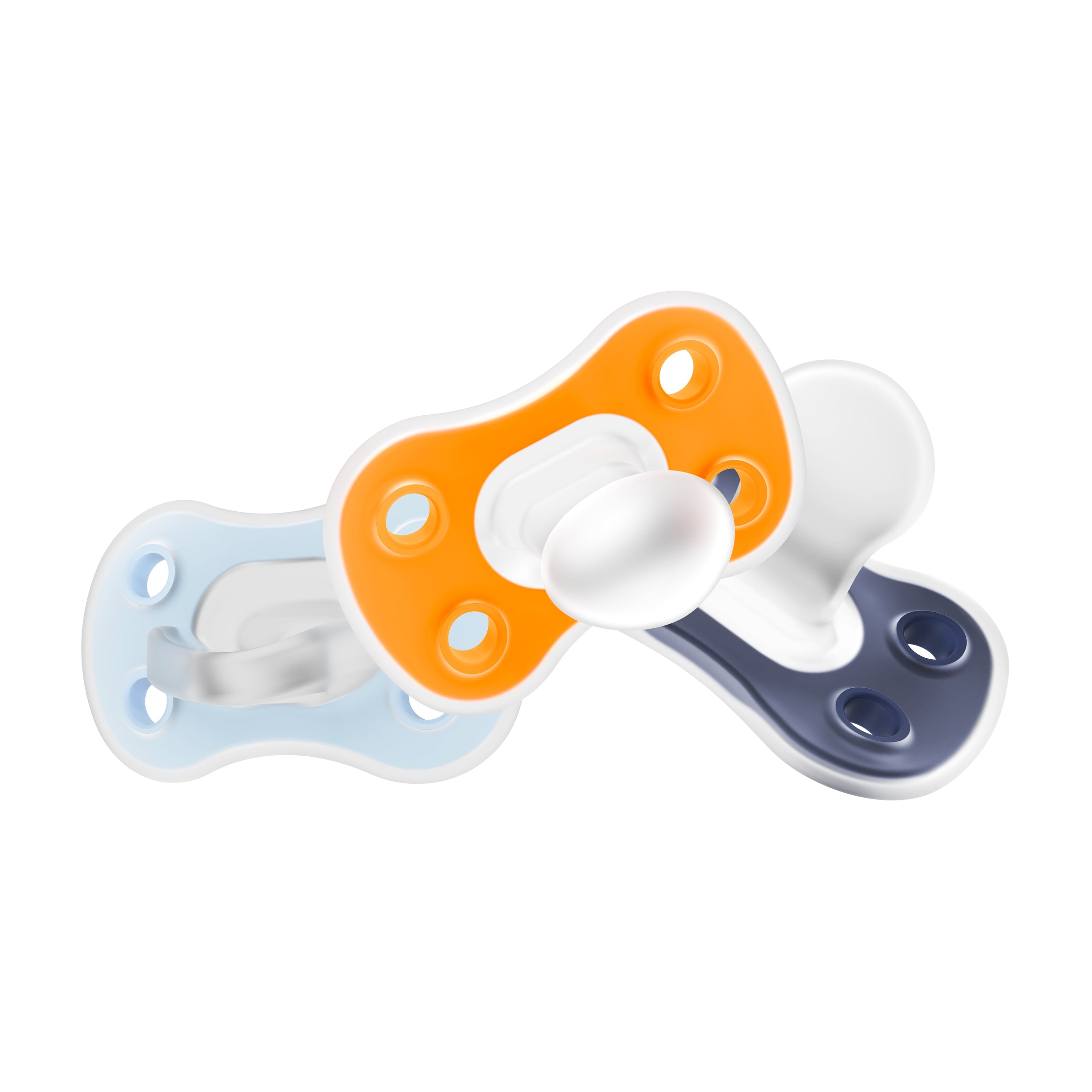 Advantage One-Piece Silicone Baby Pacifier, Fully Symmetrical Soother, Blue/Light Blue/Orange, 6-18M, BPA Free, 3 Pack