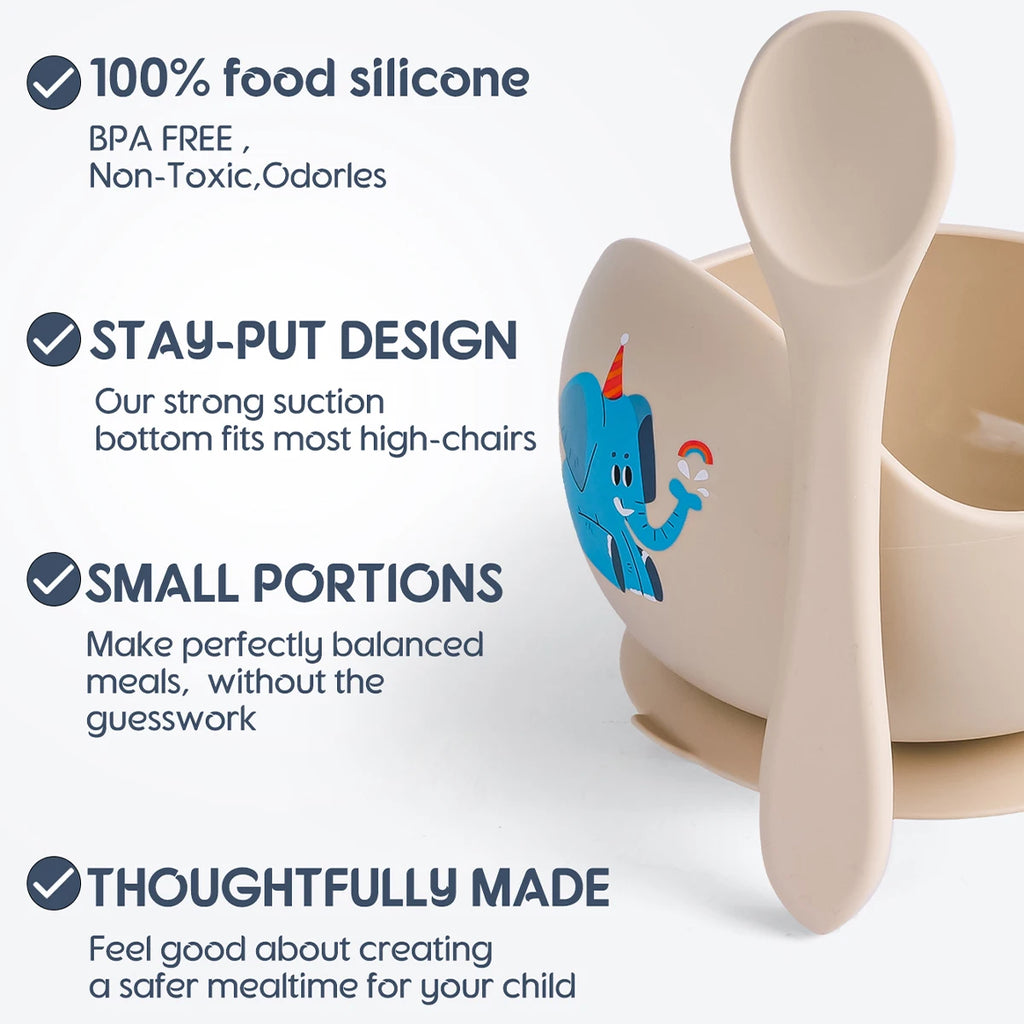 2Pcs/Set Silicone Baby Feeding Bowl Tableware for Kids Waterproof Suction Bowl with Spoon Children Dishes Kitchenware Baby Stuff