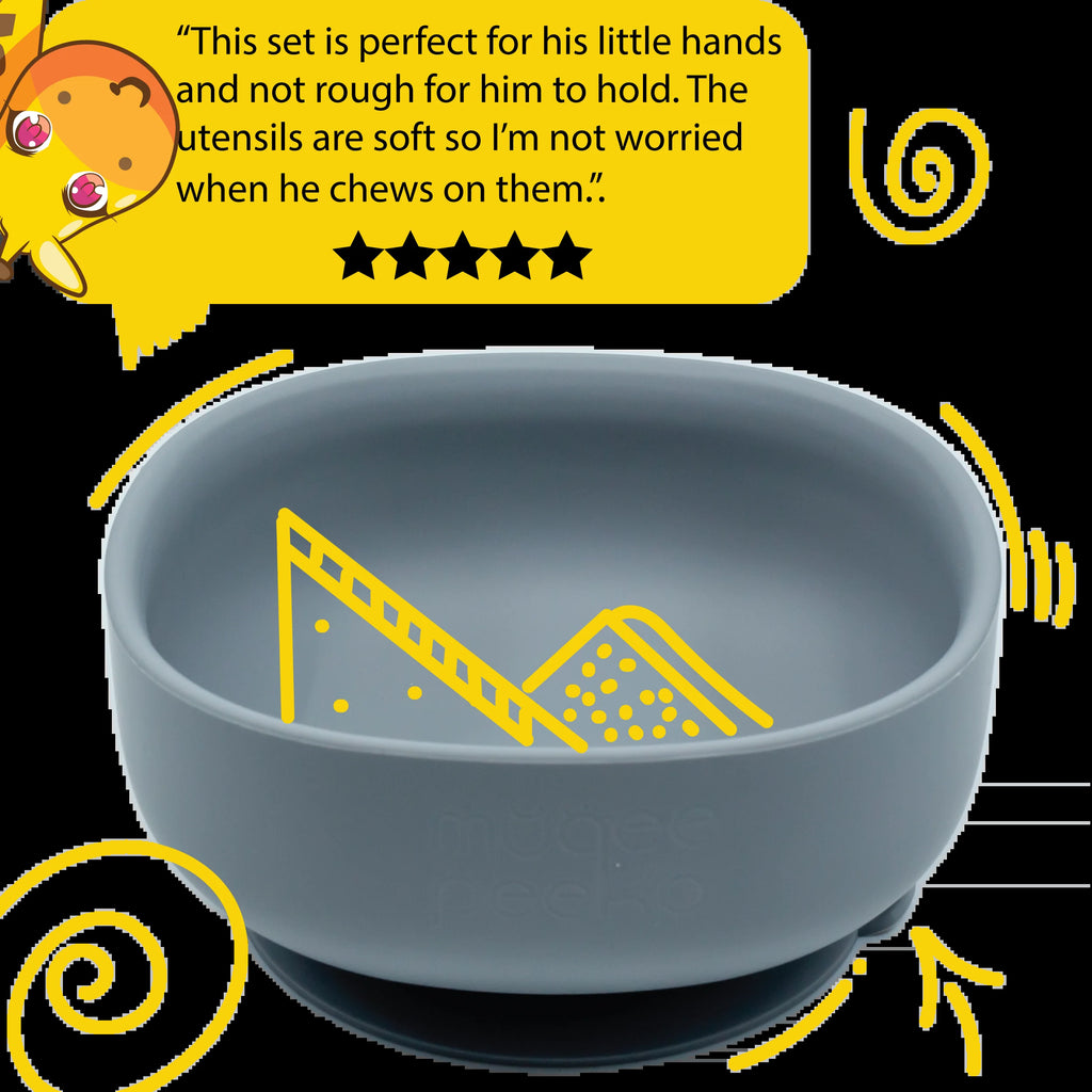 Pebble Grey Baby Feeding Supplies - Toddler Self-Eating Plate Set with Utensils - Suction Divided Plate, Food Bowl, Spoon, Fork - Silicone Bib, Training Cup - Dishwasher-Safe (6 Piece Set)