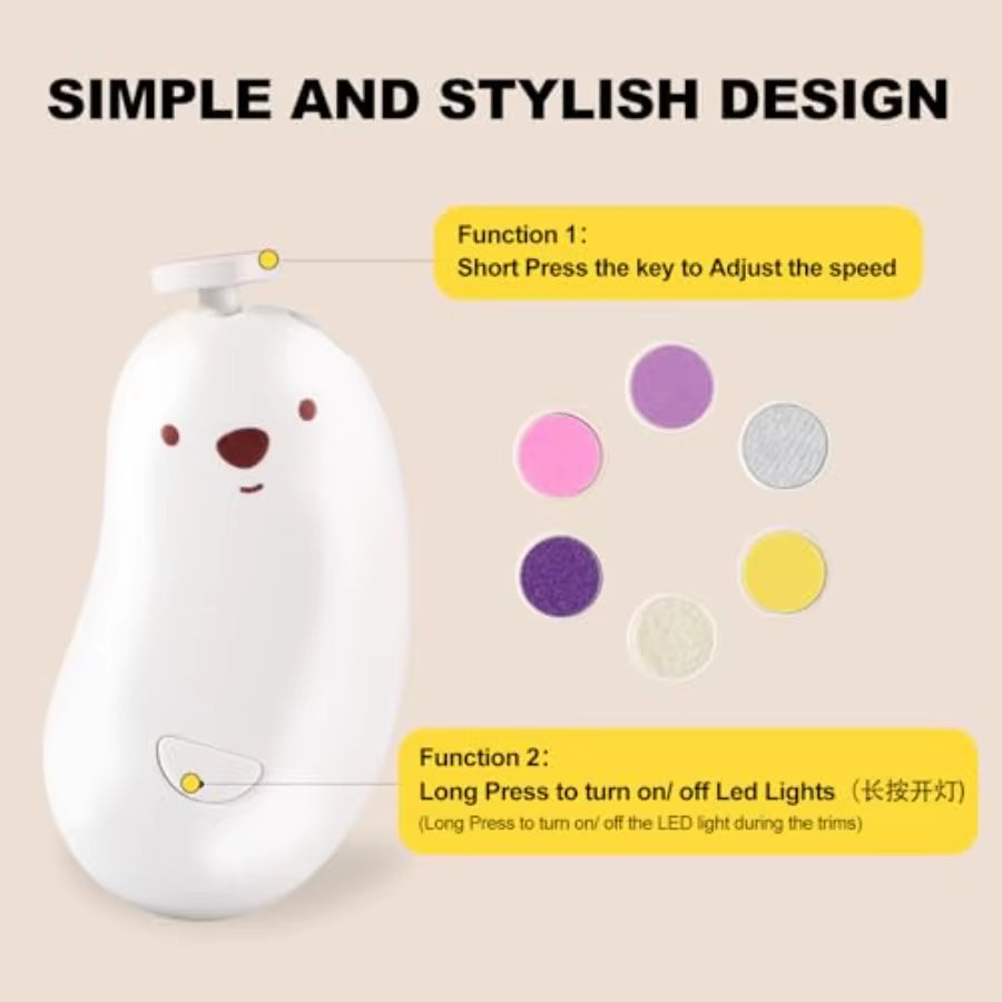 Electric Baby Nail File with Rechargeable Design for Gentle and Safe Nail Trimming Includes 6 Replaceable Grinding Heads Ideal