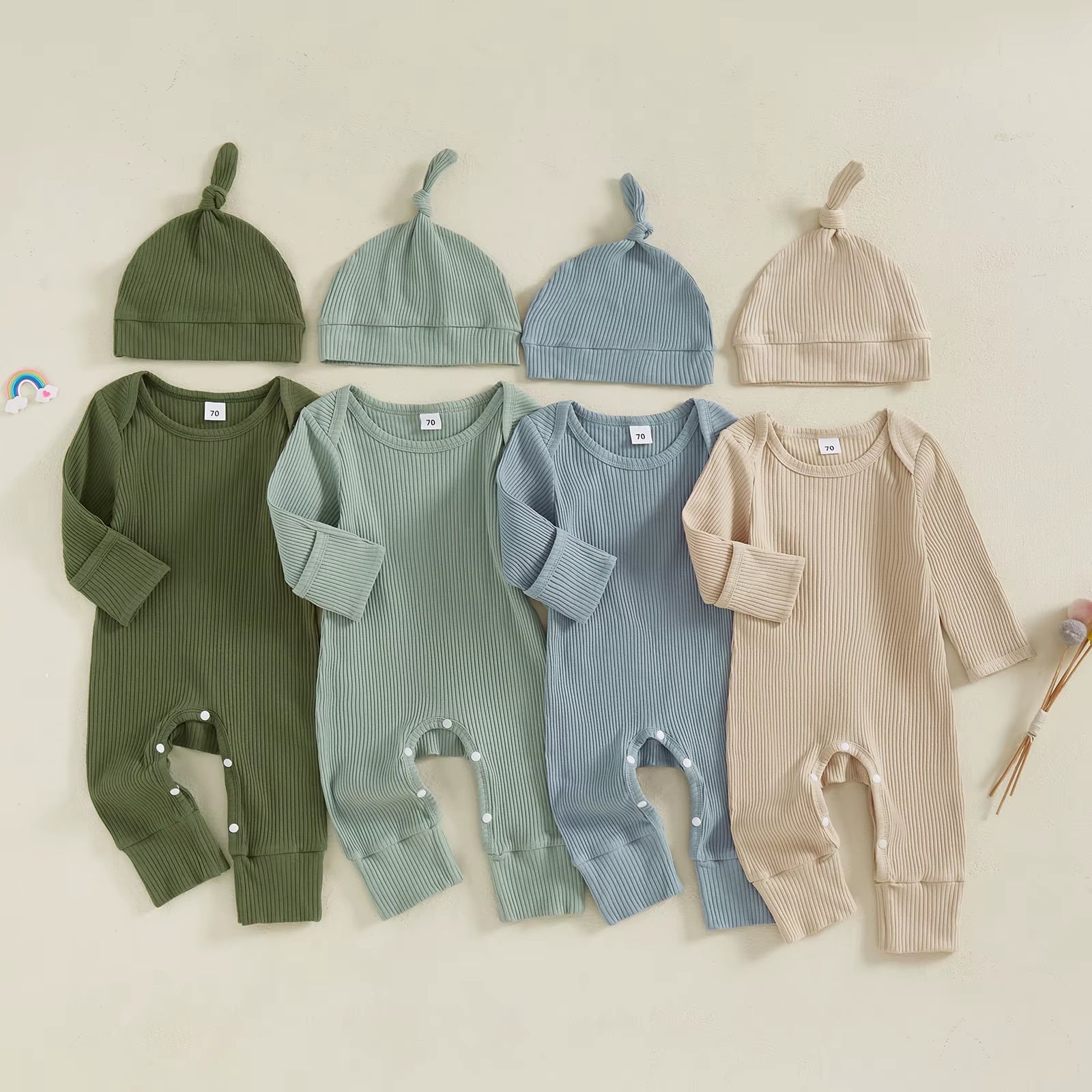Solid Ribbed Long Sleeve Newborn Baby Romper with Hats Soft Casual Full Length Girls Boys Jumpsuit with Hat Set Infant Clothes