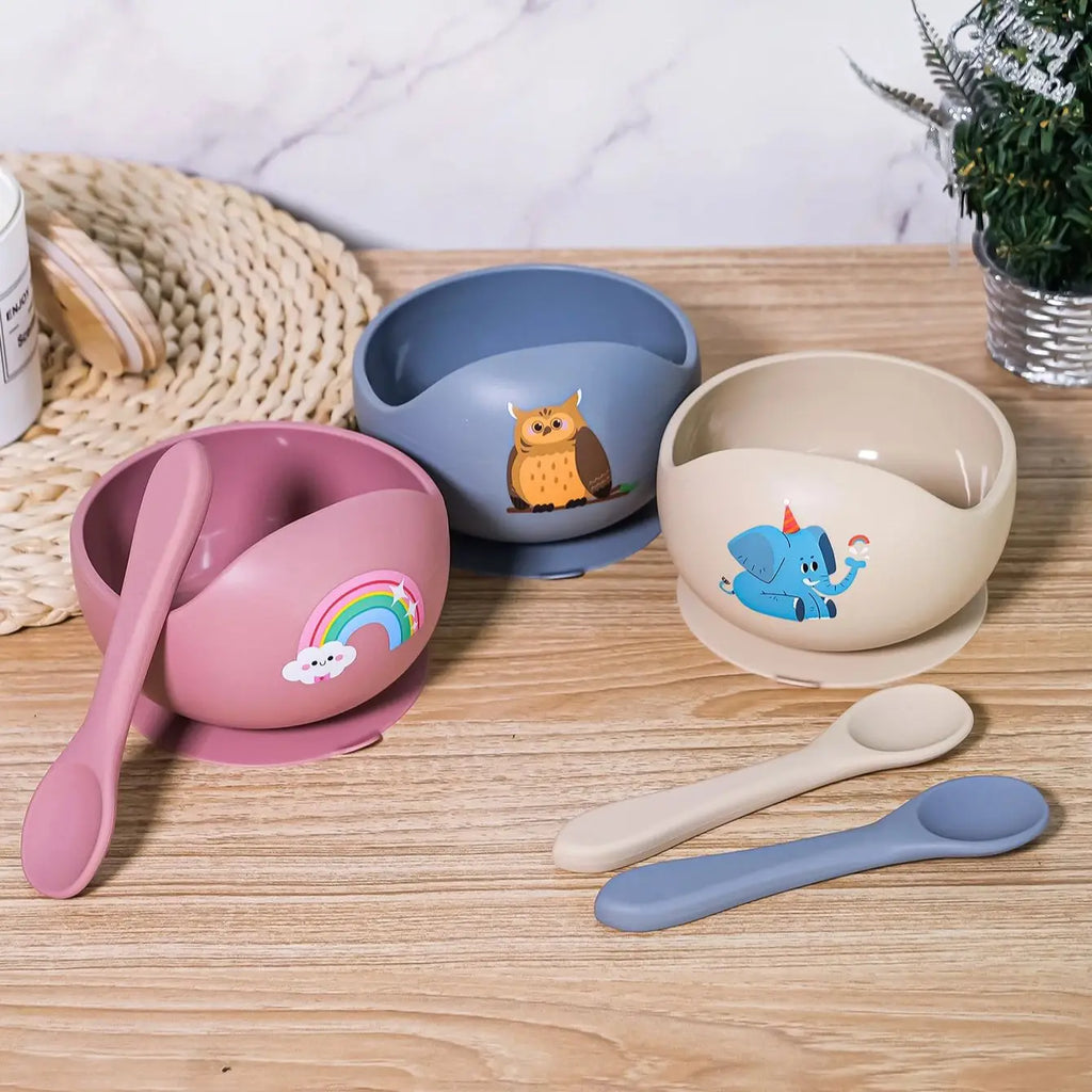 2Pcs/Set Silicone Baby Feeding Bowl Tableware for Kids Waterproof Suction Bowl with Spoon Children Dishes Kitchenware Baby Stuff