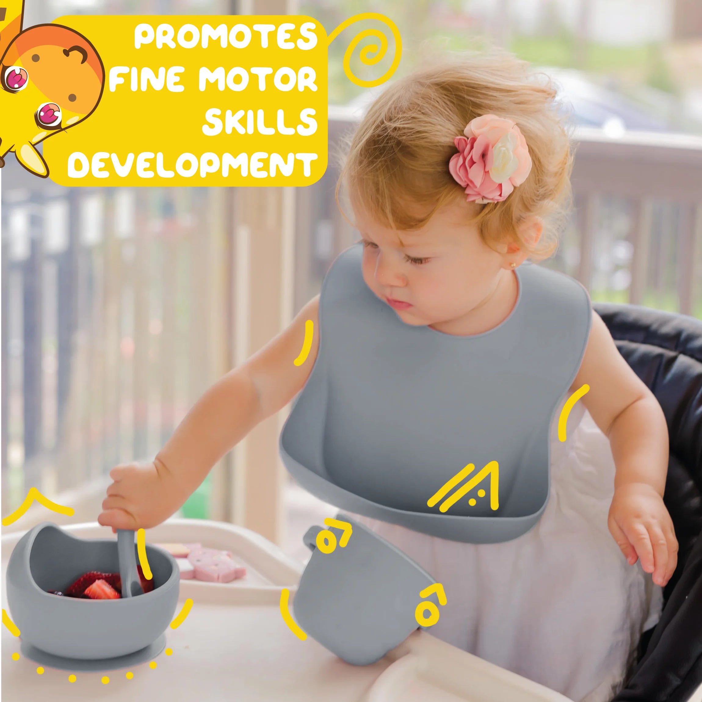 Pebble Grey Baby Feeding Supplies - Toddler Self-Eating Plate Set with Utensils - Suction Divided Plate, Food Bowl, Spoon, Fork - Silicone Bib, Training Cup - Dishwasher-Safe (6 Piece Set)