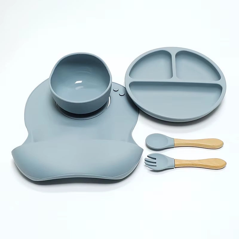 5Pcs Children'S Silicone Dinner Plate Set Strong Suction Anti-Fall Children'S Eating Training Bowl Fork Spoon Feeding Tableware