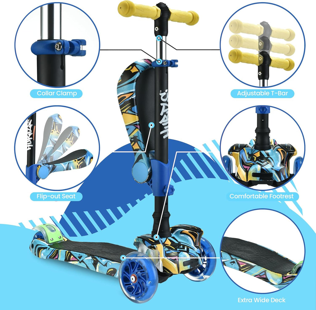 3-Wheeled Scooter for Kids - Wheel LED Lights, Adjustable Lean-To-Steer Handlebar, and Foldable Seat - Sit or Stand Ride with Brake for Boys and Girls Ages 1-14 Years Old