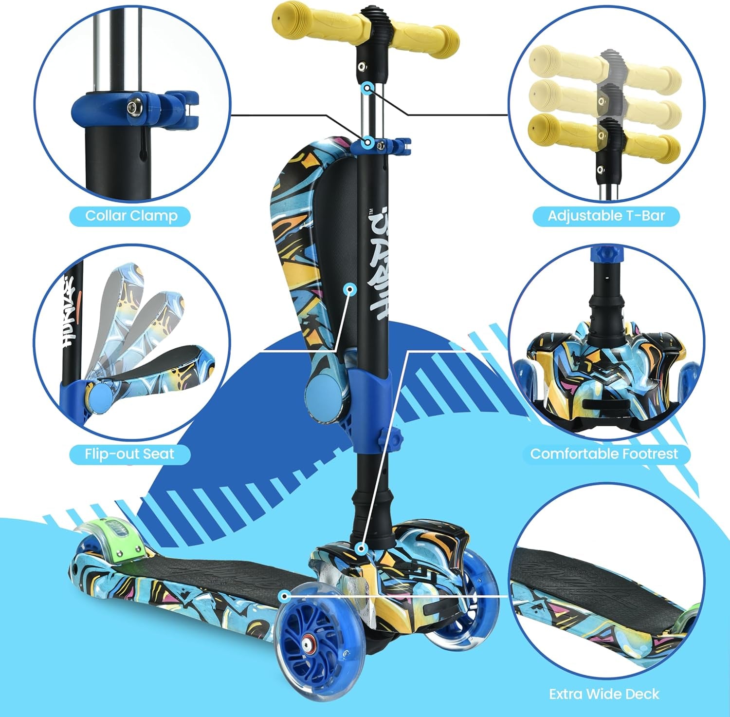 3-Wheeled Scooter for Kids - Wheel LED Lights, Adjustable Lean-To-Steer Handlebar, and Foldable Seat - Sit or Stand Ride with Brake for Boys and Girls Ages 1-14 Years Old