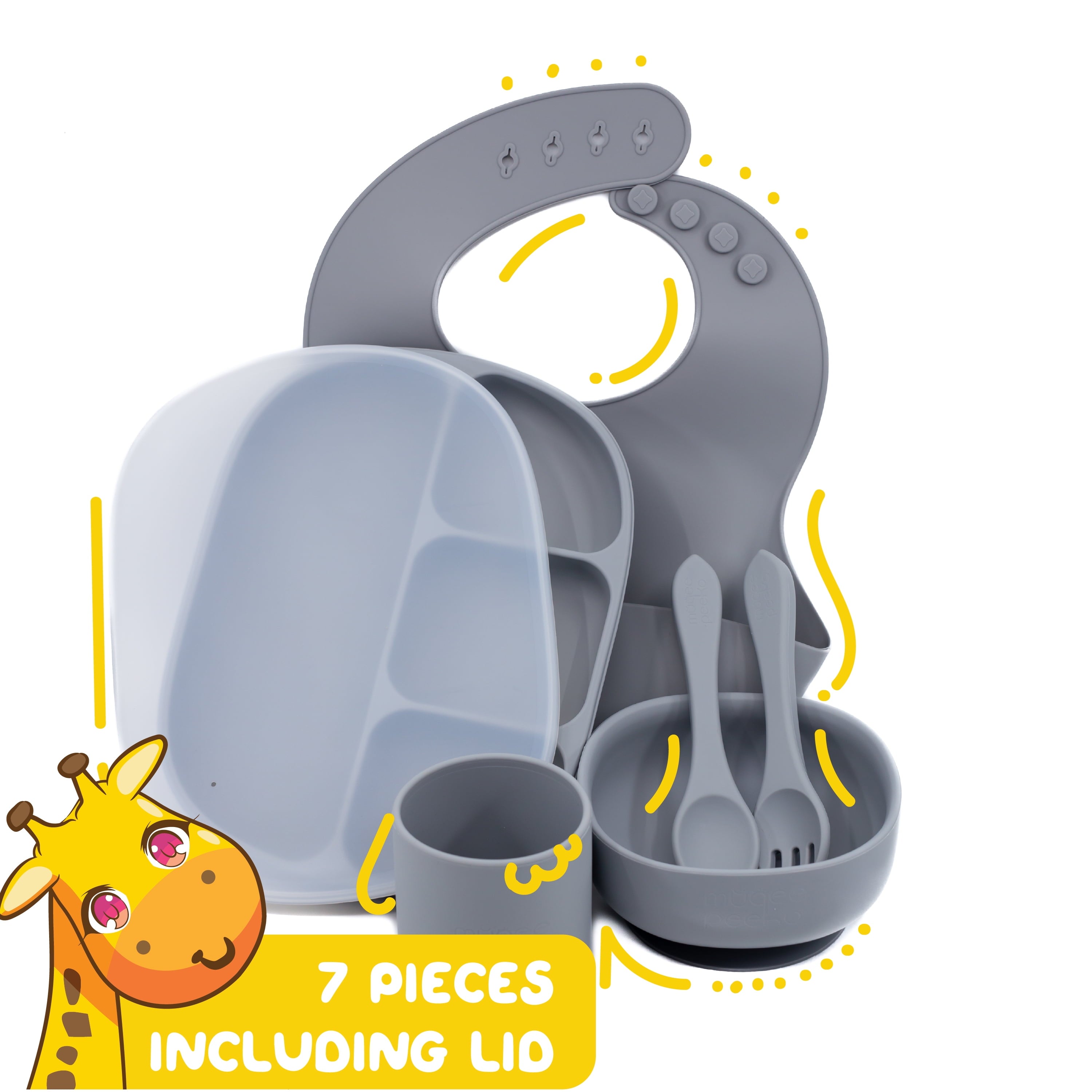 Pebble Grey Baby Feeding Supplies - Toddler Self-Eating Plate Set with Utensils - Suction Divided Plate, Food Bowl, Spoon, Fork - Silicone Bib, Training Cup - Dishwasher-Safe (6 Piece Set)