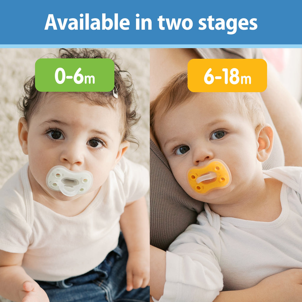 Advantage One-Piece Silicone Baby Pacifier, Fully Symmetrical Soother, Blue/Light Blue/Orange, 6-18M, BPA Free, 3 Pack