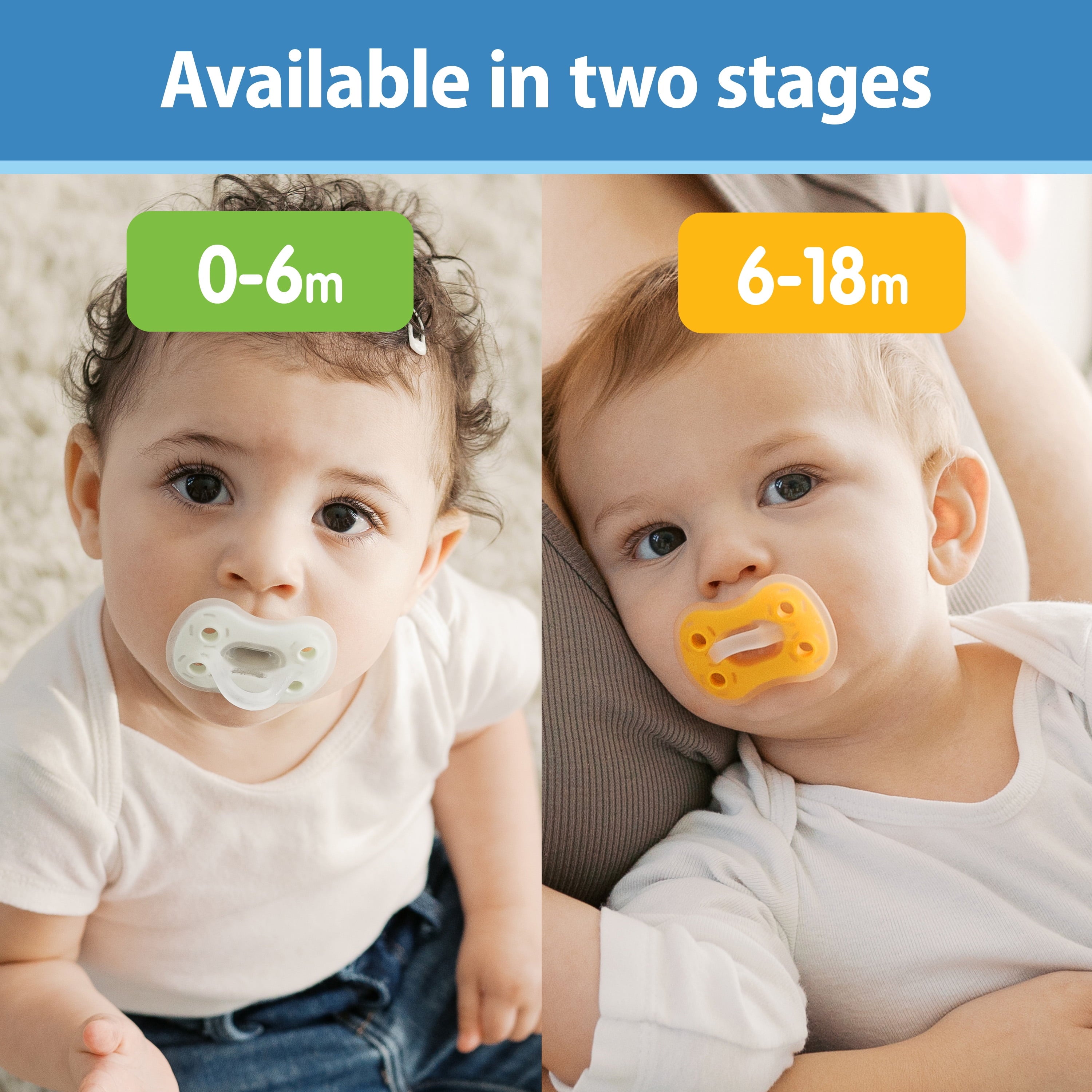 Advantage One-Piece Silicone Baby Pacifier, Fully Symmetrical Soother, Blue/Light Blue/Orange, 6-18M, BPA Free, 3 Pack