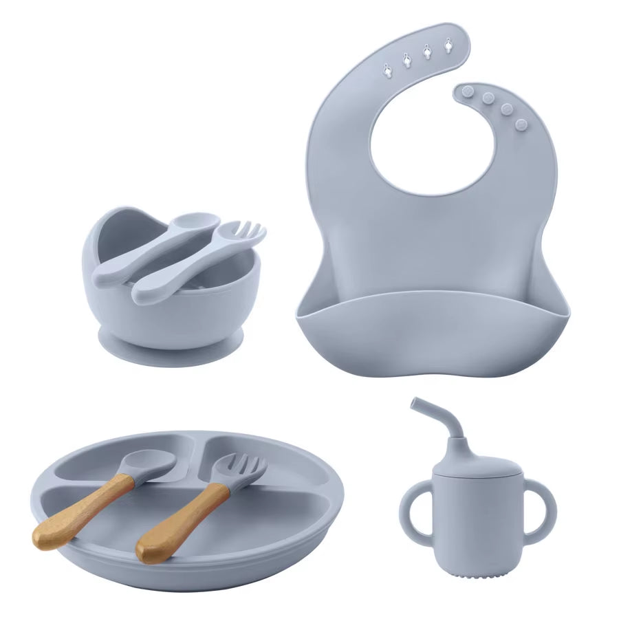 8Pcs/Set BPA Free Silicone Baby Feeding Set Sucker Bowl Dishes Plate Straw Cup Spoon Forks Baby Bib for Children'S Tableware