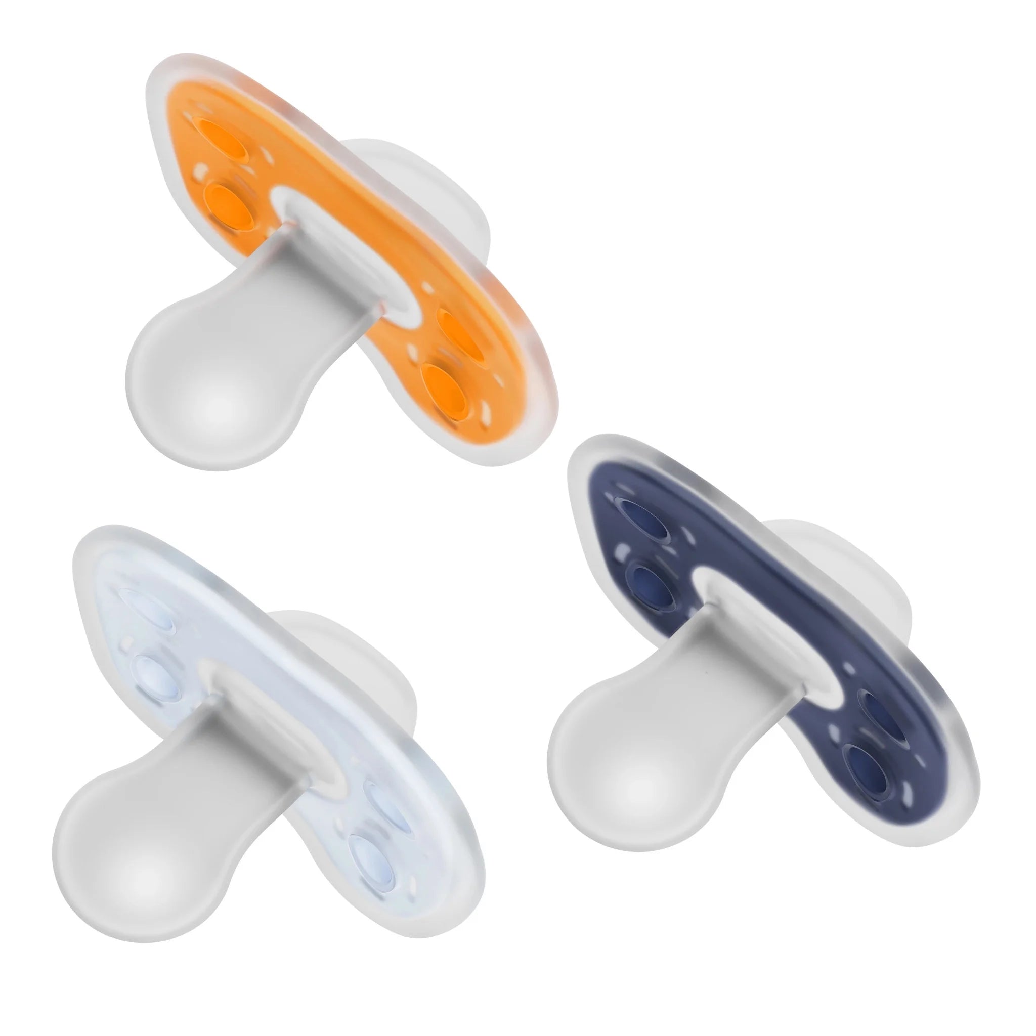 Advantage One-Piece Silicone Baby Pacifier, Fully Symmetrical Soother, Blue/Light Blue/Orange, 6-18M, BPA Free, 3 Pack