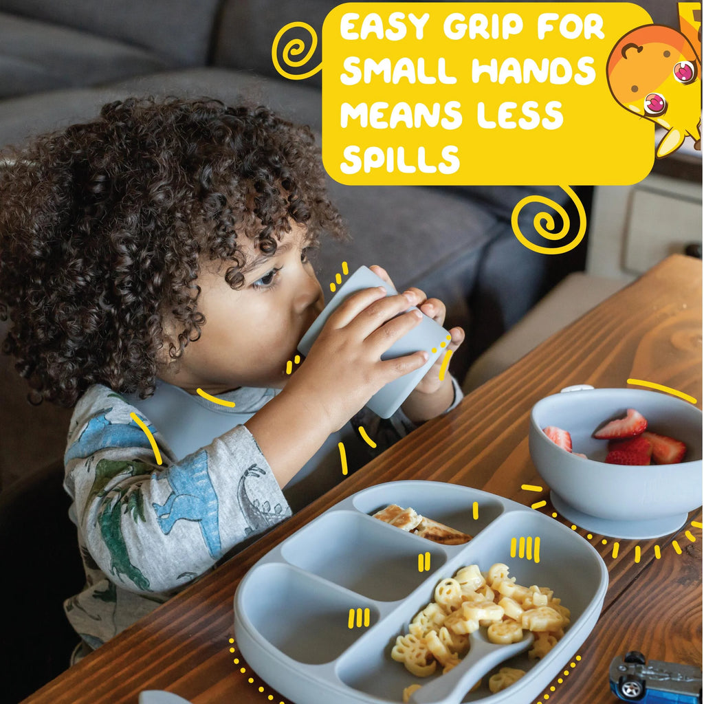 Pebble Grey Baby Feeding Supplies - Toddler Self-Eating Plate Set with Utensils - Suction Divided Plate, Food Bowl, Spoon, Fork - Silicone Bib, Training Cup - Dishwasher-Safe (6 Piece Set)