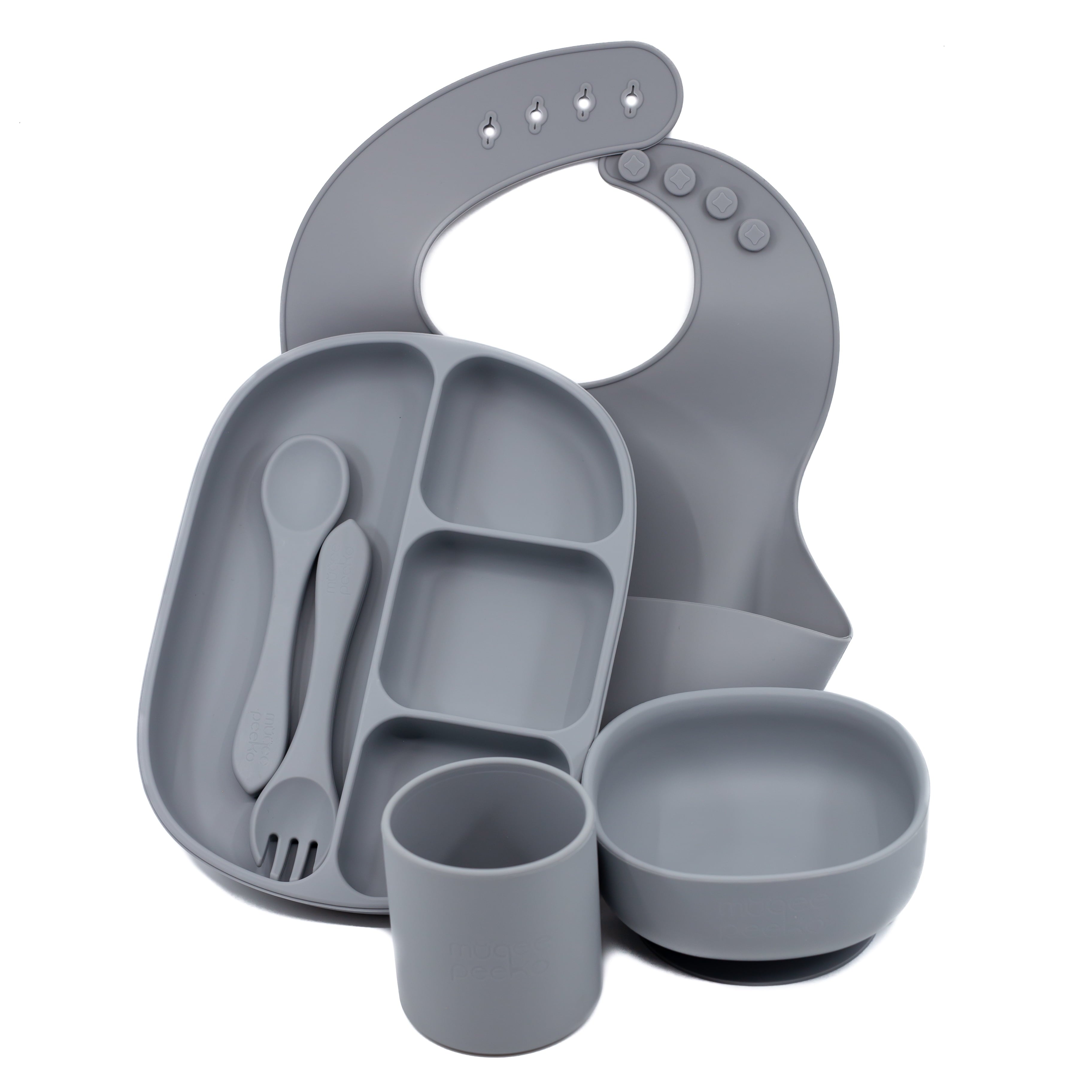 Pebble Grey Baby Feeding Supplies - Toddler Self-Eating Plate Set with Utensils - Suction Divided Plate, Food Bowl, Spoon, Fork - Silicone Bib, Training Cup - Dishwasher-Safe (6 Piece Set)