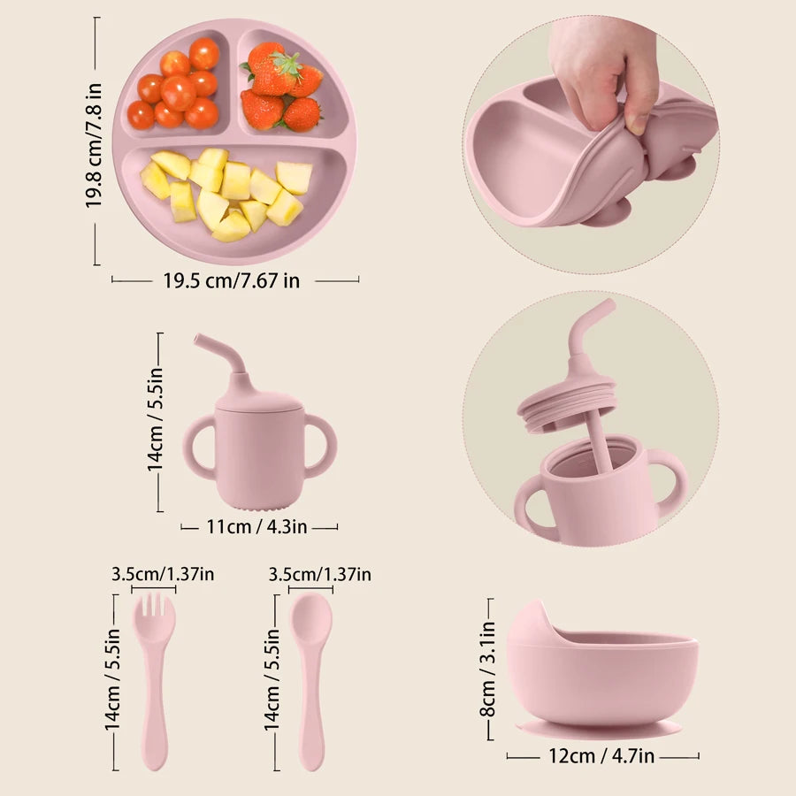 5PCS Baby Silicone Tableware Set Suction Bowl Plate Soft Utensils Sippy Cup Baby Stuff Feeding Training Sets for Baby