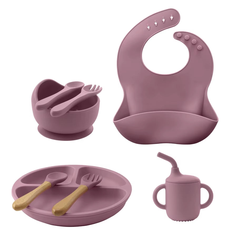 8Pcs/Set BPA Free Silicone Baby Feeding Set Sucker Bowl Dishes Plate Straw Cup Spoon Forks Baby Bib for Children'S Tableware