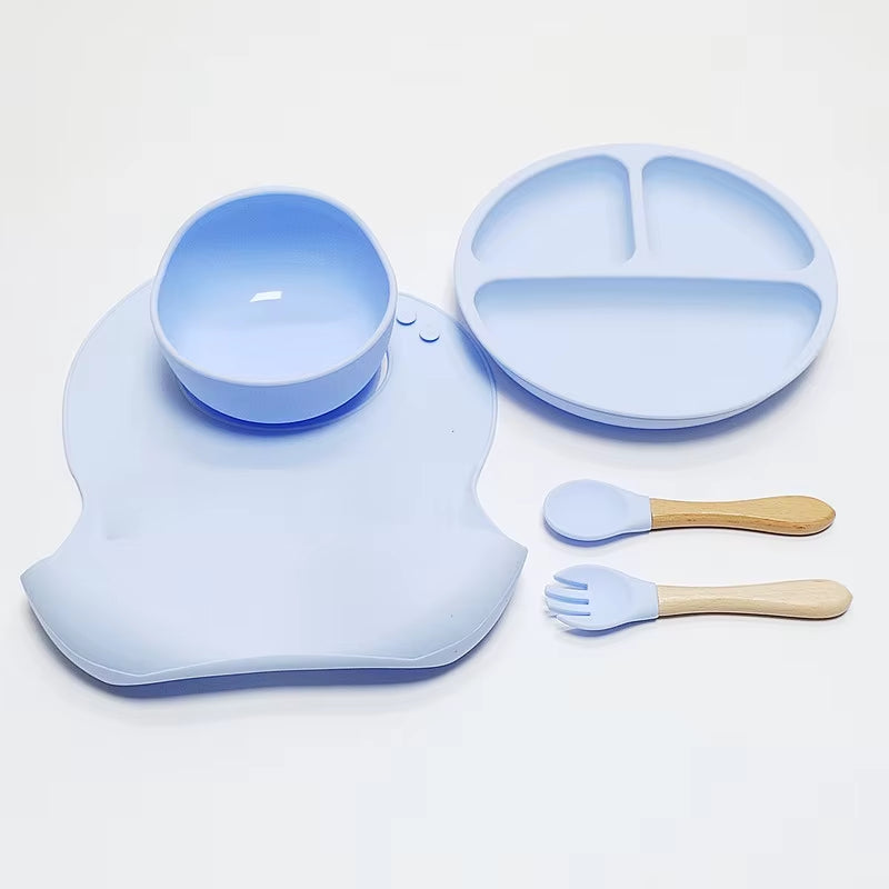 5Pcs Children'S Silicone Dinner Plate Set Strong Suction Anti-Fall Children'S Eating Training Bowl Fork Spoon Feeding Tableware