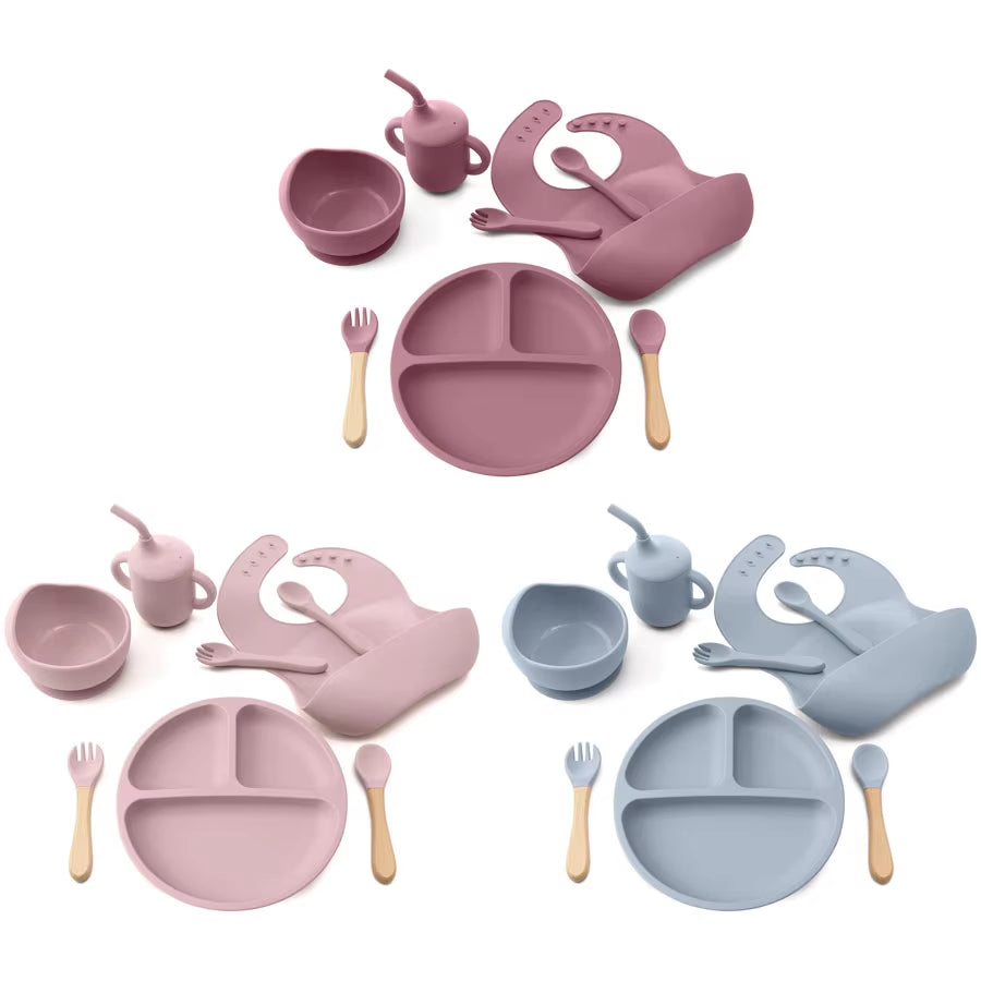 8Pcs/Set BPA Free Silicone Baby Feeding Set Sucker Bowl Dishes Plate Straw Cup Spoon Forks Baby Bib for Children'S Tableware