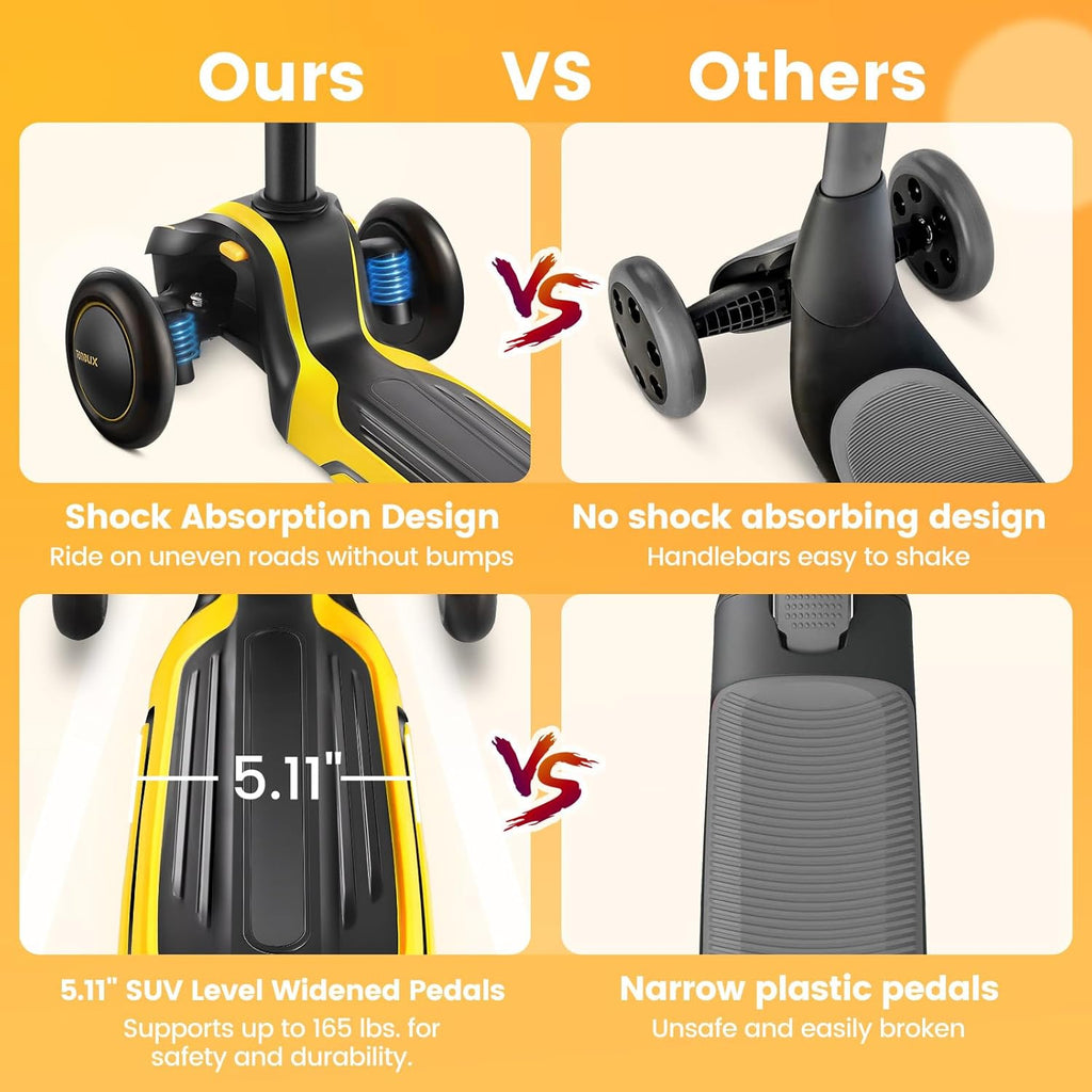 Kids Scooter for Age 3-12, Toddler Scooter with 4 Adjustable Heights, Light up 3-Wheels Scooter, Shock Absorption Design, Lean to Steer, Balance Training Scooter for Kids