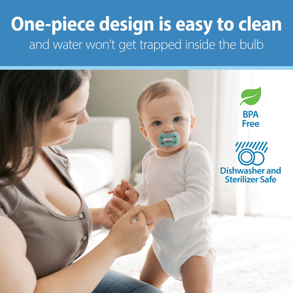 Advantage One-Piece Silicone Baby Pacifier, Fully Symmetrical Soother, Blue/Light Blue/Orange, 6-18M, BPA Free, 3 Pack
