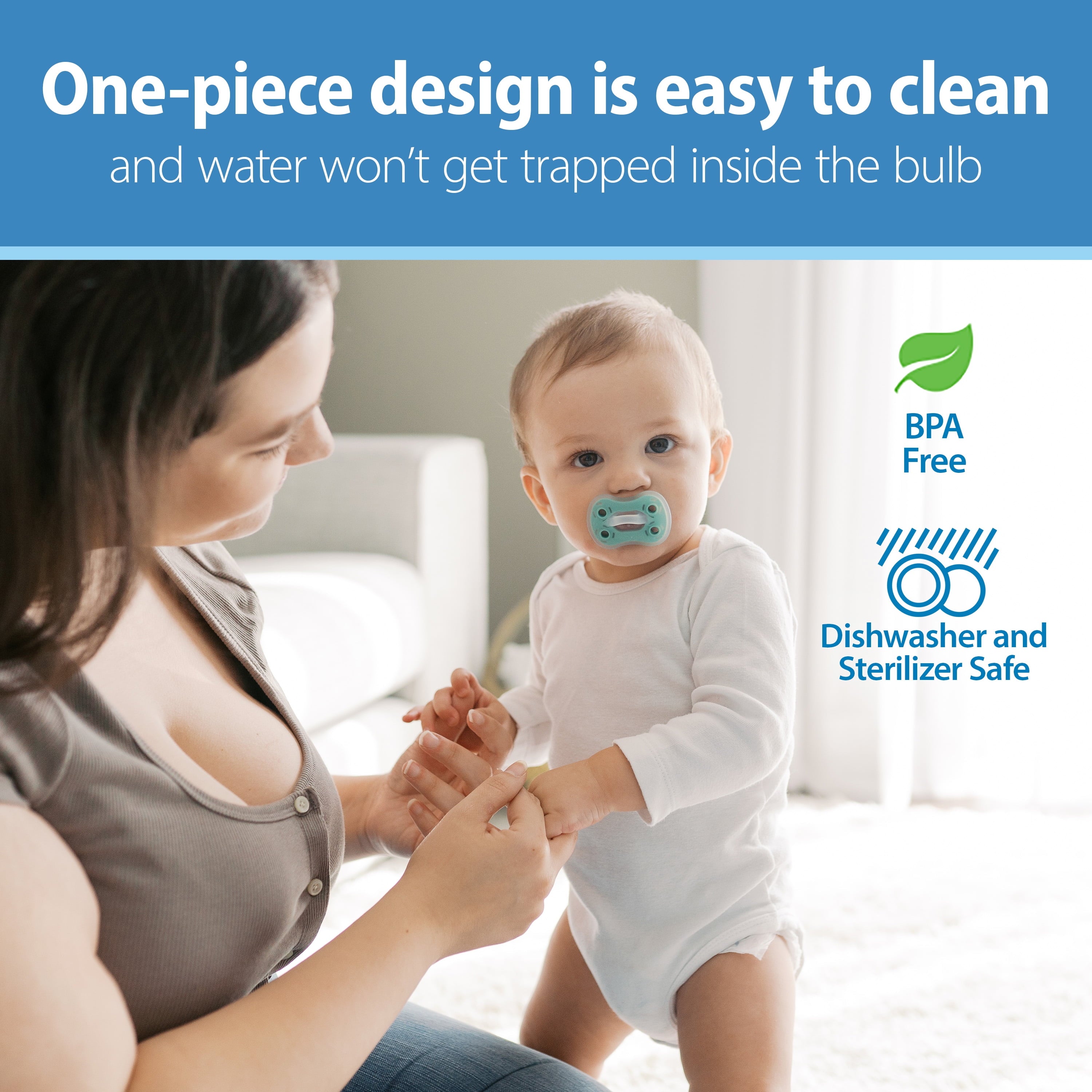 Advantage One-Piece Silicone Baby Pacifier, Fully Symmetrical Soother, Blue/Light Blue/Orange, 6-18M, BPA Free, 3 Pack