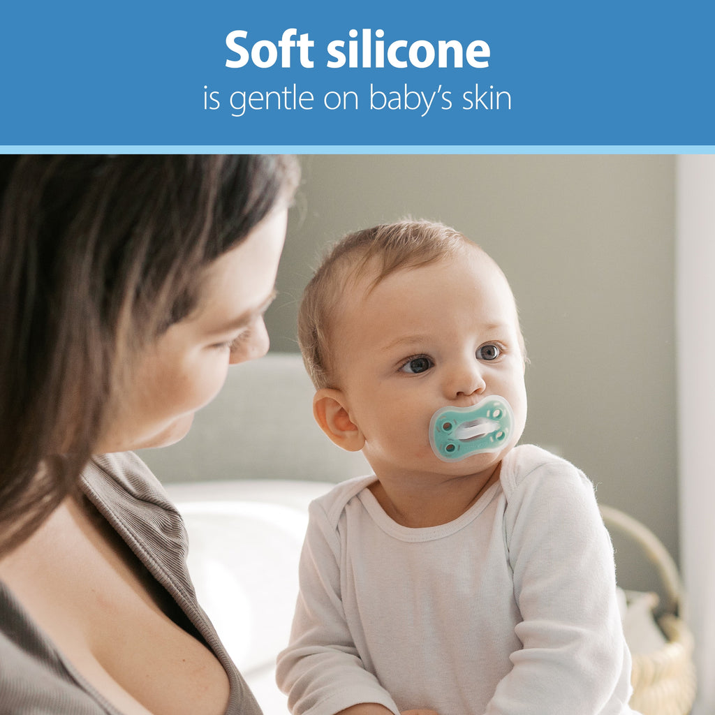 Advantage One-Piece Silicone Baby Pacifier, Fully Symmetrical Soother, Blue/Light Blue/Orange, 6-18M, BPA Free, 3 Pack