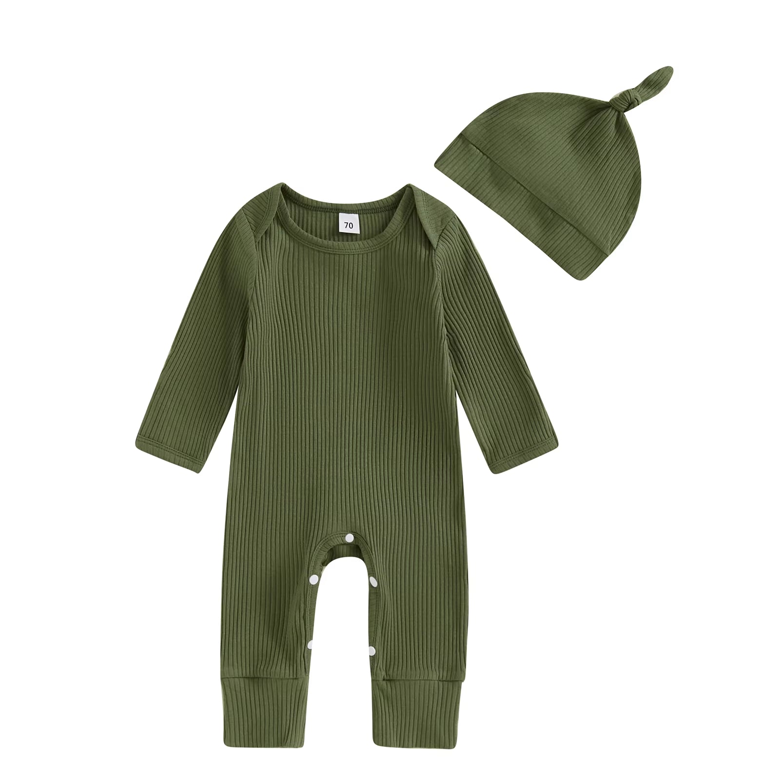 Solid Ribbed Long Sleeve Newborn Baby Romper with Hats Soft Casual Full Length Girls Boys Jumpsuit with Hat Set Infant Clothes