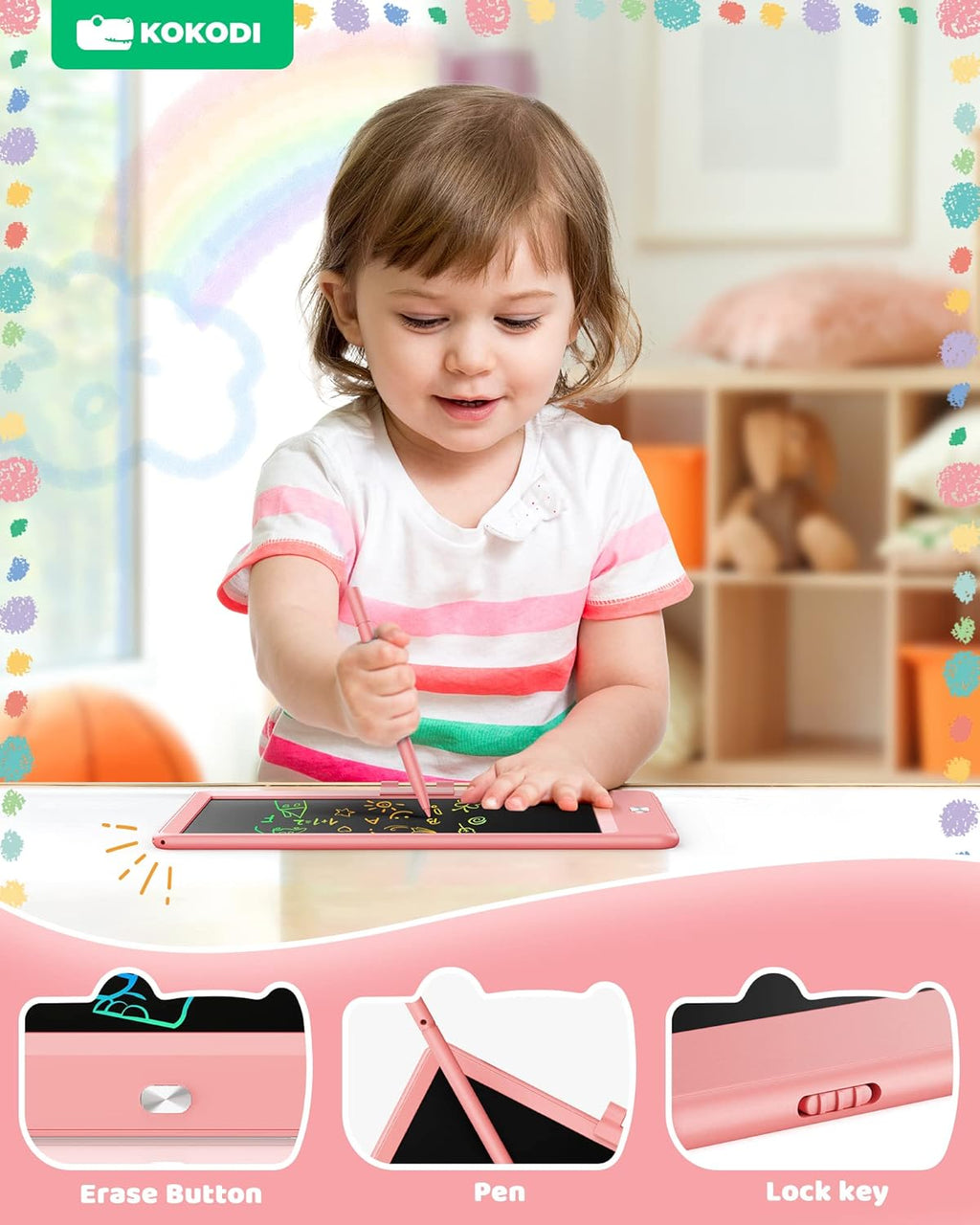 LCD Writing Tablet, 8.5 Inch Toddler Doodle Board Drawing Tablet, Erasable Reusable Electronic Drawing Pads, Educational and Learning Toy for 3-8 Years Old Boy and Girls (Pink)