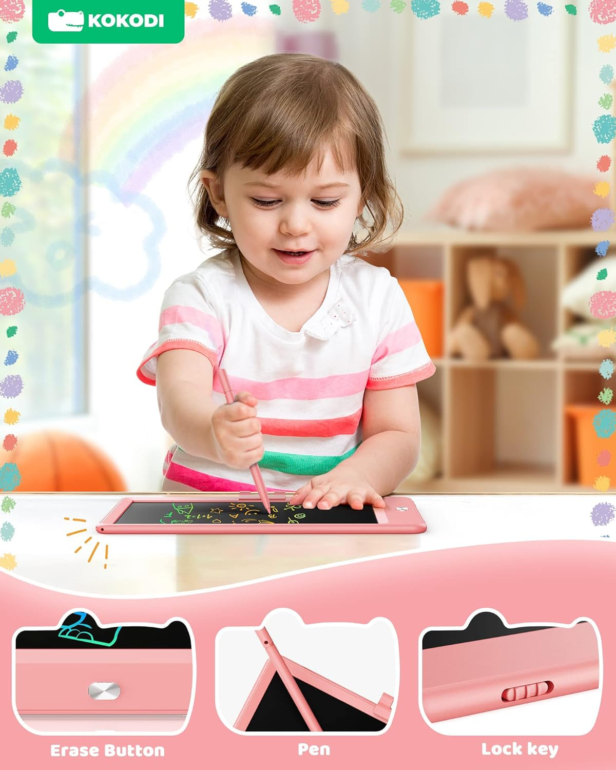 LCD Writing Tablet, 8.5 Inch Toddler Doodle Board Drawing Tablet, Erasable Reusable Electronic Drawing Pads, Educational and Learning Toy for 3-8 Years Old Boy and Girls (Pink)