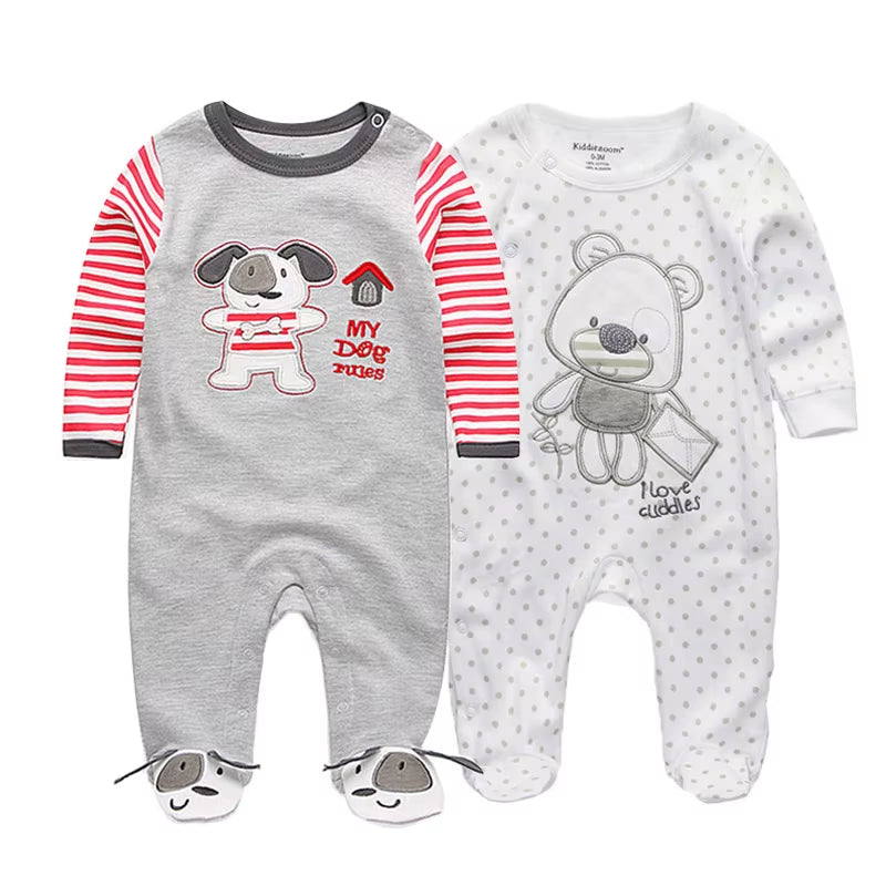 2 Pcs Unisex 0-12Months Cartoon Long Sleeve Baby Boys Girl Romper 100%Cotton Soft Newborn Jumpsuit Infant Clothes