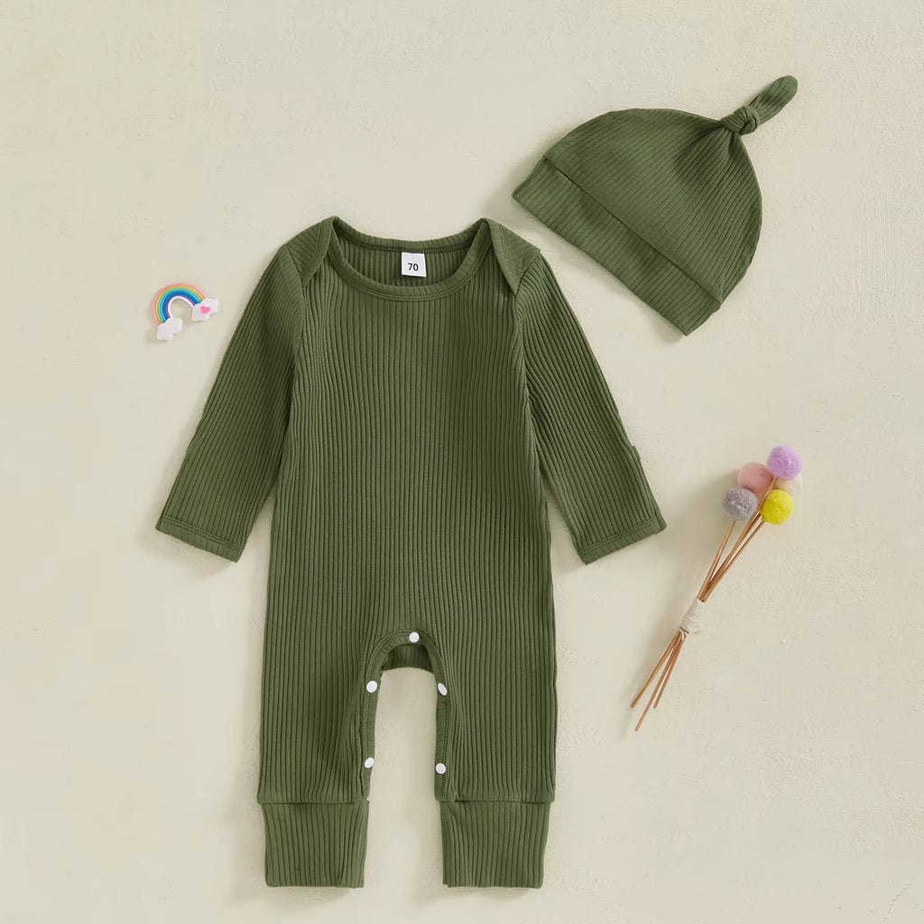 Solid Ribbed Long Sleeve Newborn Baby Romper with Hats Soft Casual Full Length Girls Boys Jumpsuit with Hat Set Infant Clothes