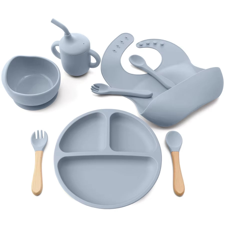8Pcs/Set BPA Free Silicone Baby Feeding Set Sucker Bowl Dishes Plate Straw Cup Spoon Forks Baby Bib for Children'S Tableware