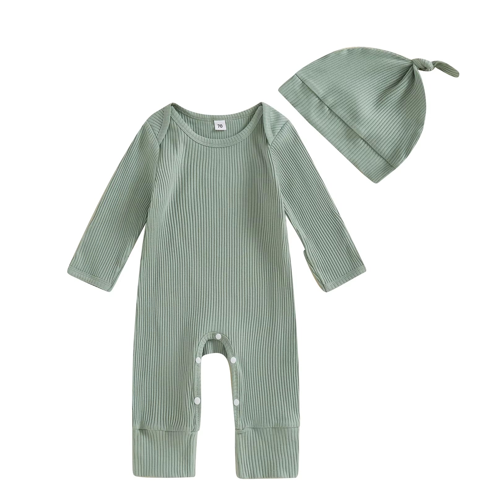 Solid Ribbed Long Sleeve Newborn Baby Romper with Hats Soft Casual Full Length Girls Boys Jumpsuit with Hat Set Infant Clothes
