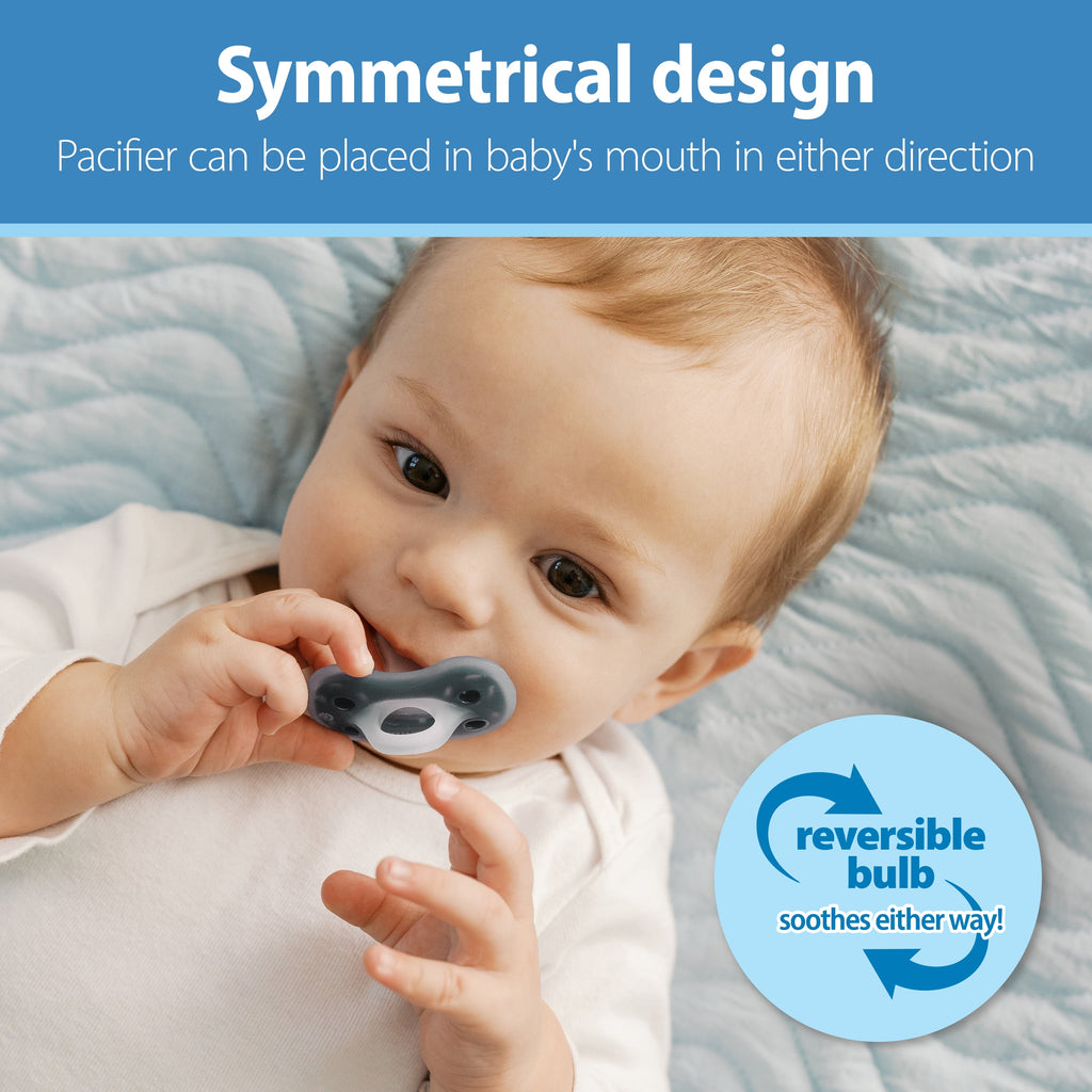 Advantage One-Piece Silicone Baby Pacifier, Fully Symmetrical Soother, Blue/Light Blue/Orange, 6-18M, BPA Free, 3 Pack