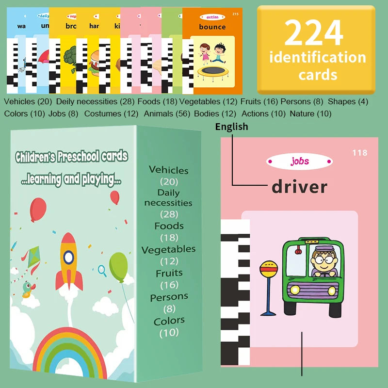 Kids Toddler Talking Flash Cards with 224 Sight Words Montessori Speech Therapy Autism Sensory Toys Learning Educational Gifts